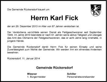 Traueranzeige von Karl Fick von Pegnitz-Zeitung